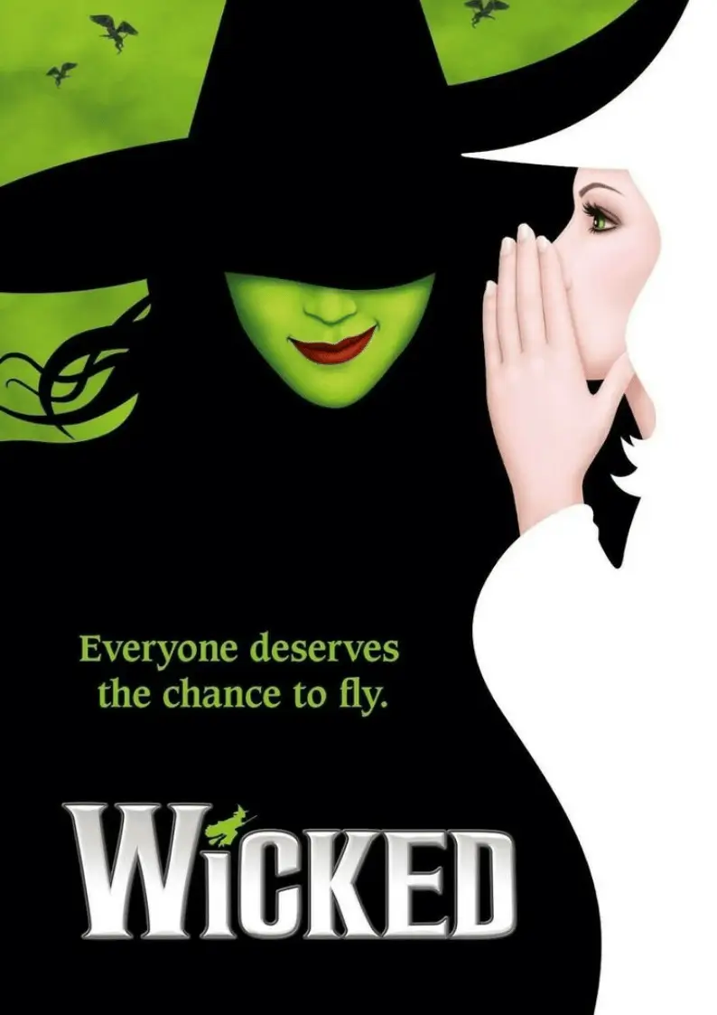 Wicked poster of the green-skinned witch Elphaba whispering to Glinda