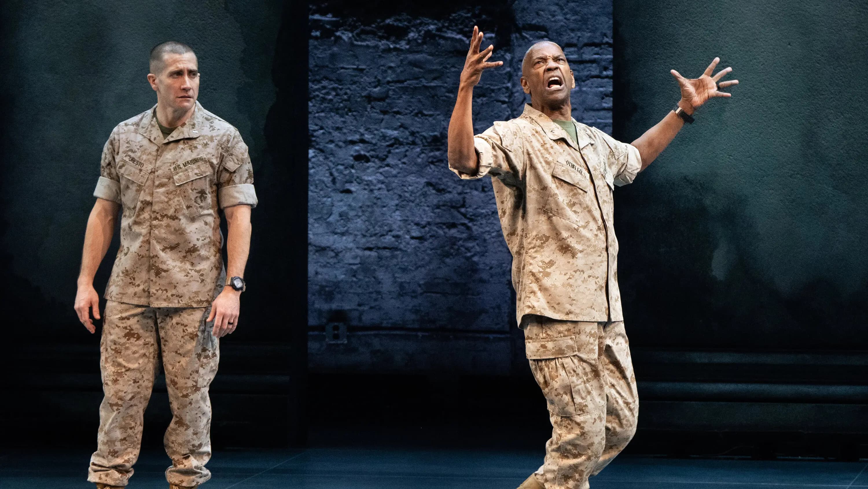 Two actors in military fatigues performing a dramatic scene from Othello on Broadway